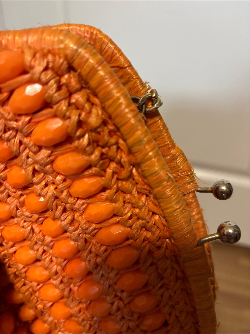 VINTAGE 60s Simpson’s Department Store Orange Raffia Beaded Clutch Bag - Picture 7 of 9